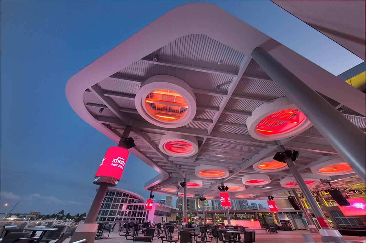 Architectural dusk view of the of the FTX Arena terrace in Miami, FL.